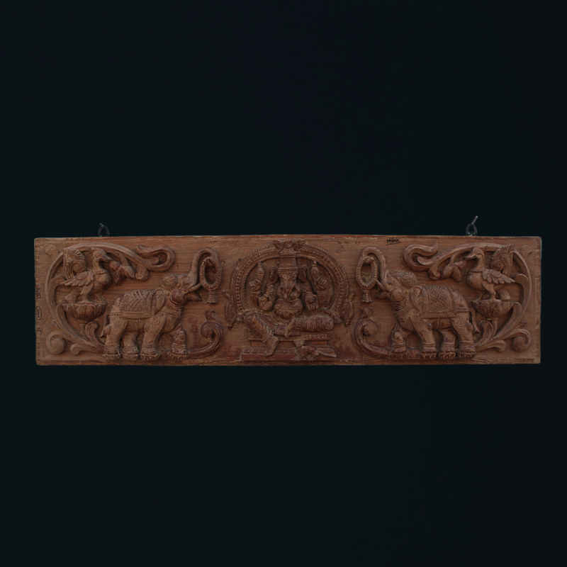 Gaja Ganesha Old Wooden Panel, Antique Indian Door Panels