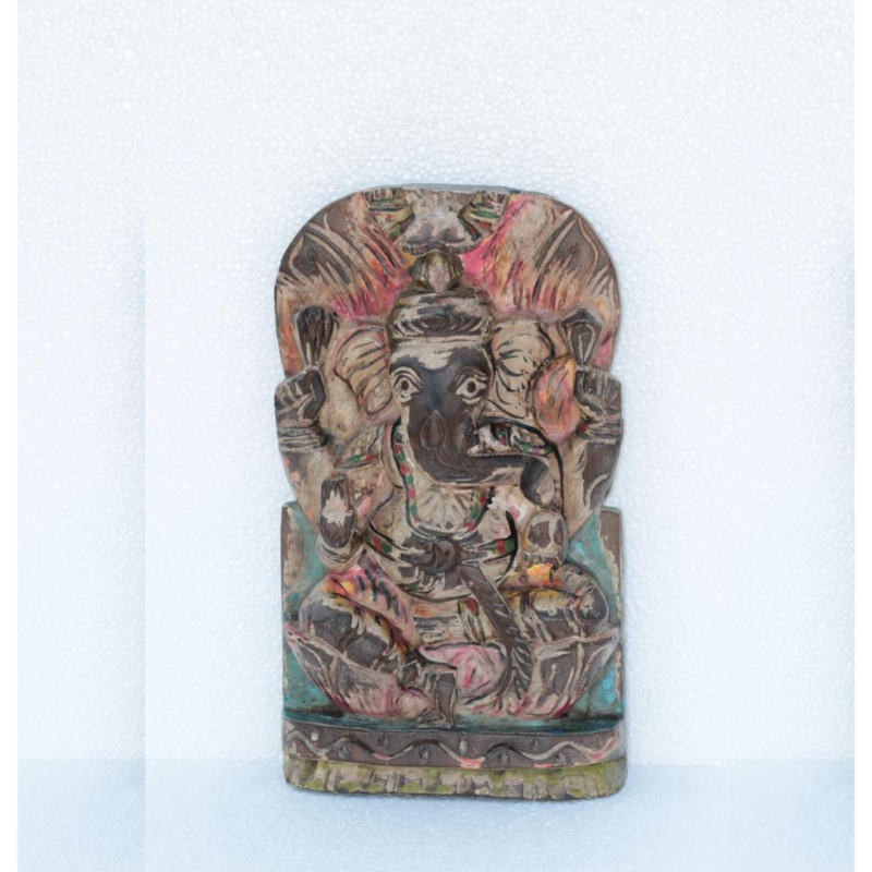 Vintage Indian Wooden Panel Carved Ganesha New Carving Home Decor