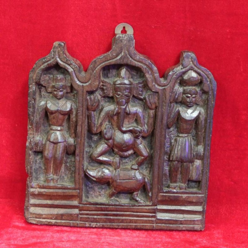 Wooden Panel Ganesha Carved 1900s Old Vintage Indian Rare Home Wall Decor