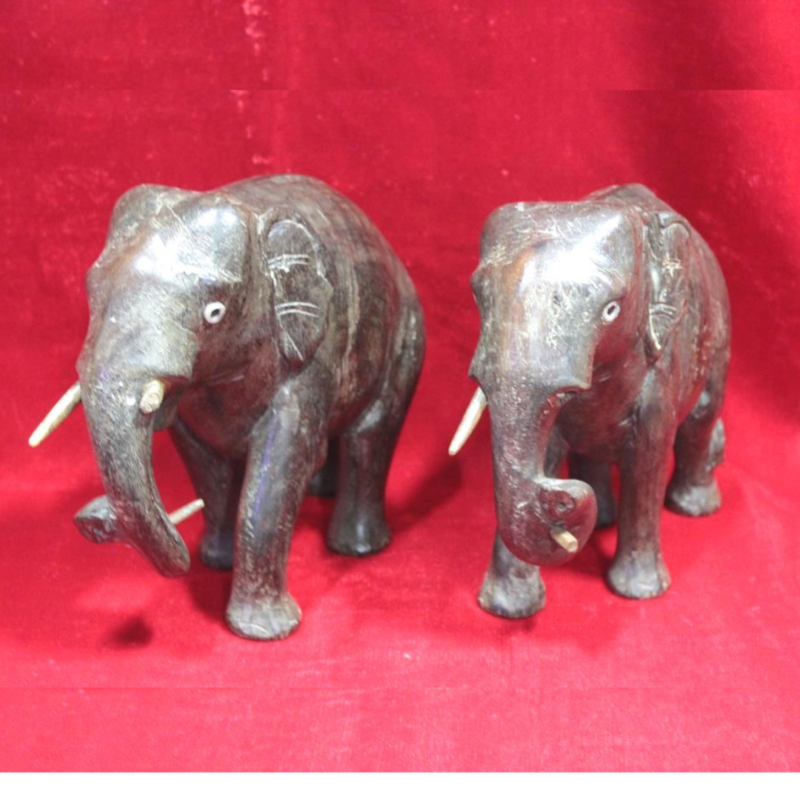 Wooden Statue 2 Pc Elephant Pair Figure Old Vintage Antique Home Decor