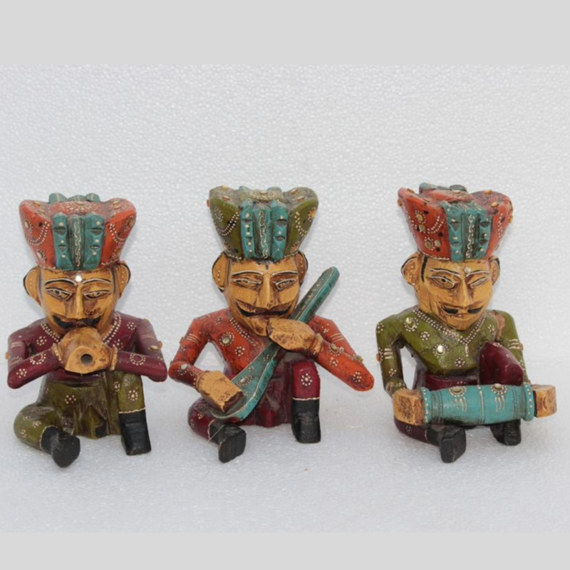 3 Pc. Music Man New Wooden Carved Old Style Painted Handcrafted Collectible