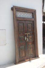 8 feet Elegant Antique Anglo-Indian Painted Teakwood Door and Frame - Image 5