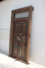 8 feet Elegant Antique Anglo-Indian Painted Teakwood Door and Frame - Image 6