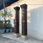 7.6 Feet Traditional Old Carving Pillar, Semi Circled Wooden Stambh set of 2 - Image 6