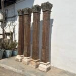 Old Indian Columns | 7.7 feet long Set of 4 solid Teakwood Pillar Includes capitals and plinths - Image 7