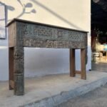 Wooden Console Table | 4.8 feet long Distressed Carved Table - Image 2