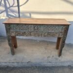 Wooden Console Table | 4.8 feet long Distressed Carved Table - Image 3