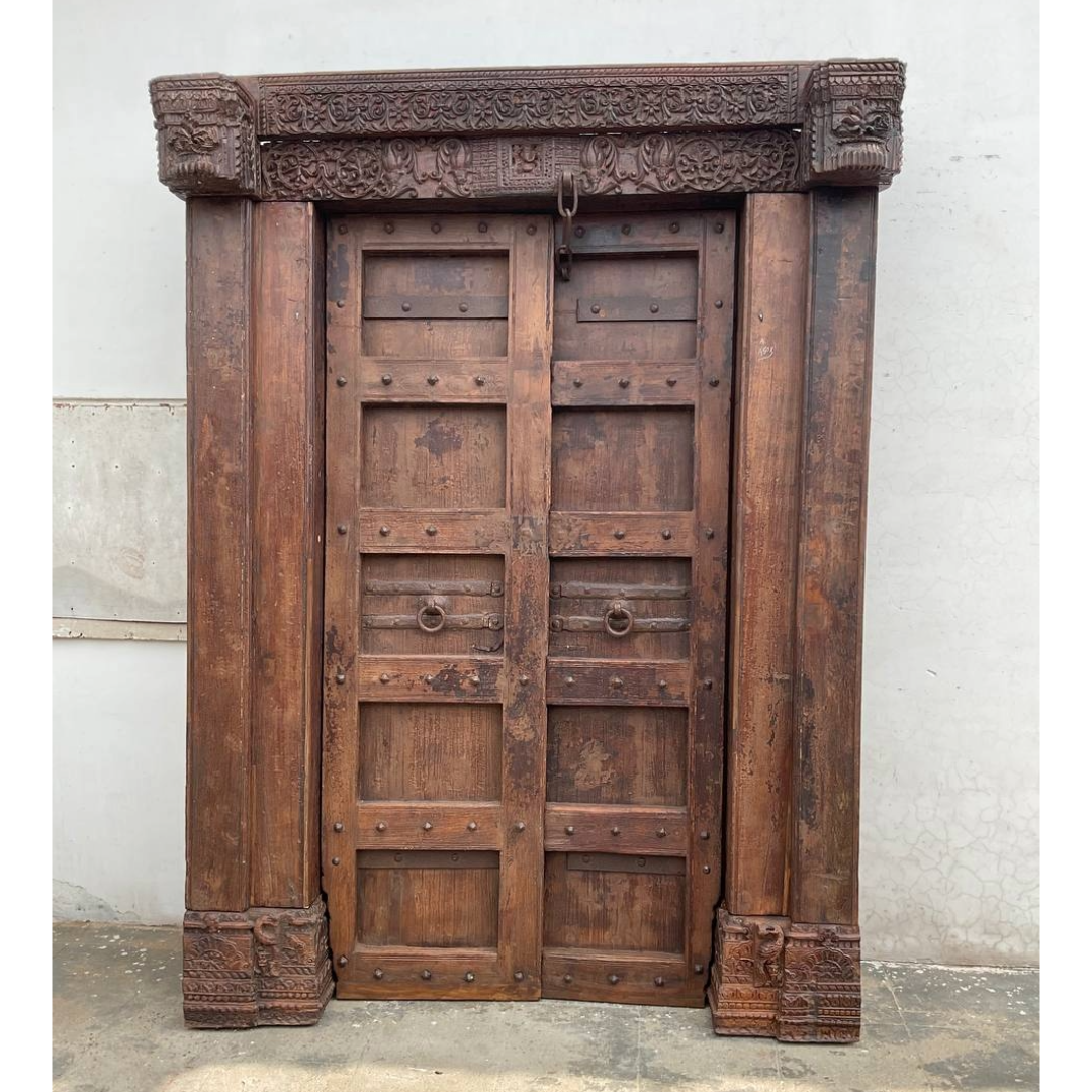 Untitled-2024-09-24T155638.034.png 7.1 feet Large Traditional Flower Carved Teak wood Door | Carving Door With Frame - Image 1