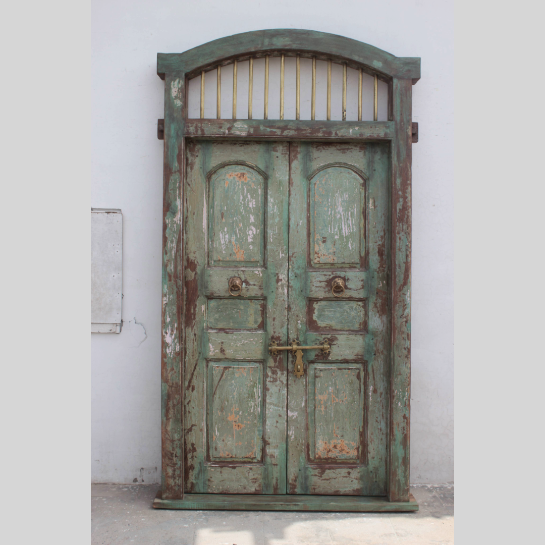 Untitled-2024-09-24T164013.425.png 7.8 feet Elegant Antique Anglo-Indian Painted Teakwood Door and Frame - Image 1