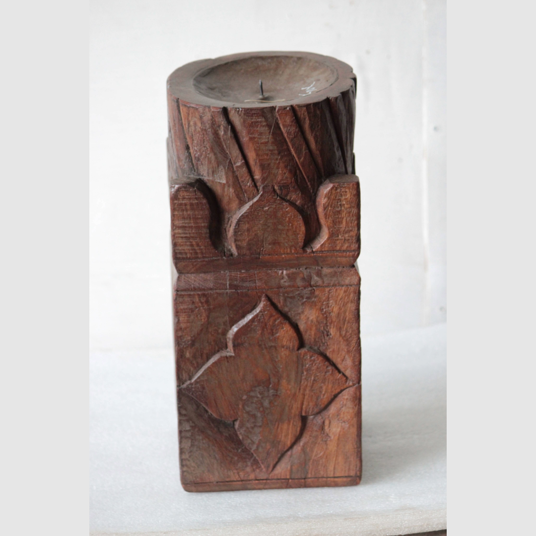 Untitled-2025-01-10T165158.438.png Vintage Carved Wooden Pillar 14 in. Tall Candle Holder | Farmhouse Style Candle Stand | Large Candle Stand - Image 1
