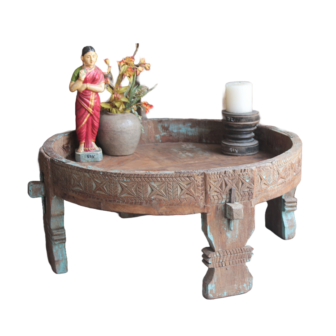 Untitled-2025-01-16T151706.304.png 2.3 feet wide Old Wooden Chakki Center Table Coffee Table Home Decor Table - Image 1