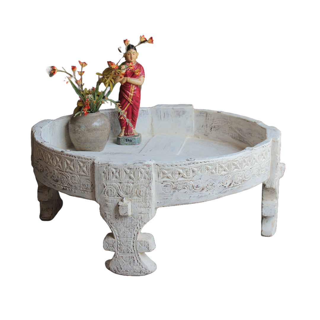 Untitled-2025-01-17T173112.450.png Indian Carved Chakki Table, Coffee Table, Vintage Indian Grinder Table - Image 1