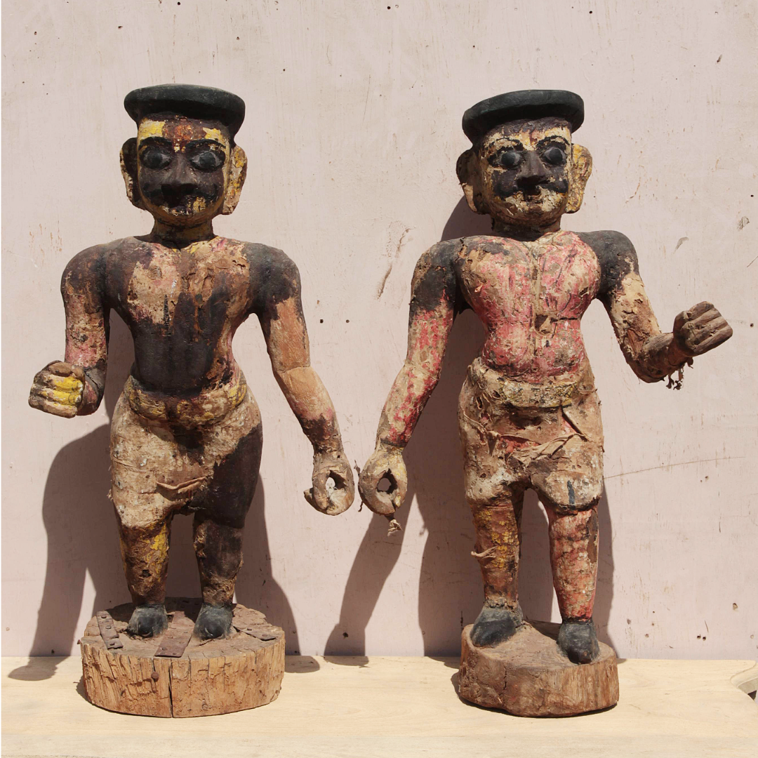 Untitled-2025-02-19T152221.699.png 1800s Antique Wooden Temple Watchman Pair Figures - Image 1