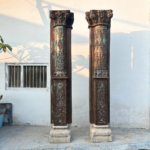 7.6 Feet Traditional Old Carving Pillar, Semi Circled Wooden Stambh set of 2