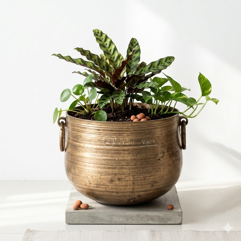 Gemini_Generated_Image_iz4jhziz4jhziz4j (1) Antique Brass Hand Hammered Planter Pot – 1.7 ft wide Vintage Water Vessel Home Décor - Image 1