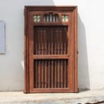 Large Vintage Hardwood Window with Ornate Iron Grill | Decorative and Functional Window