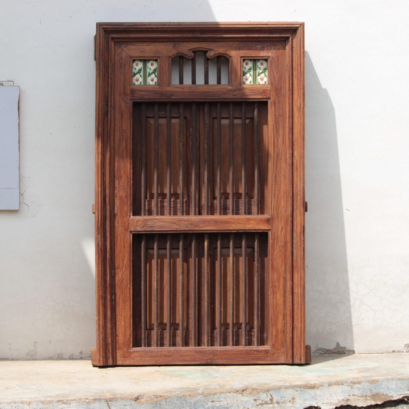T-393 (1) Large Vintage Hardwood Window with Ornate Iron Grill | Decorative and Functional Window - Image 1