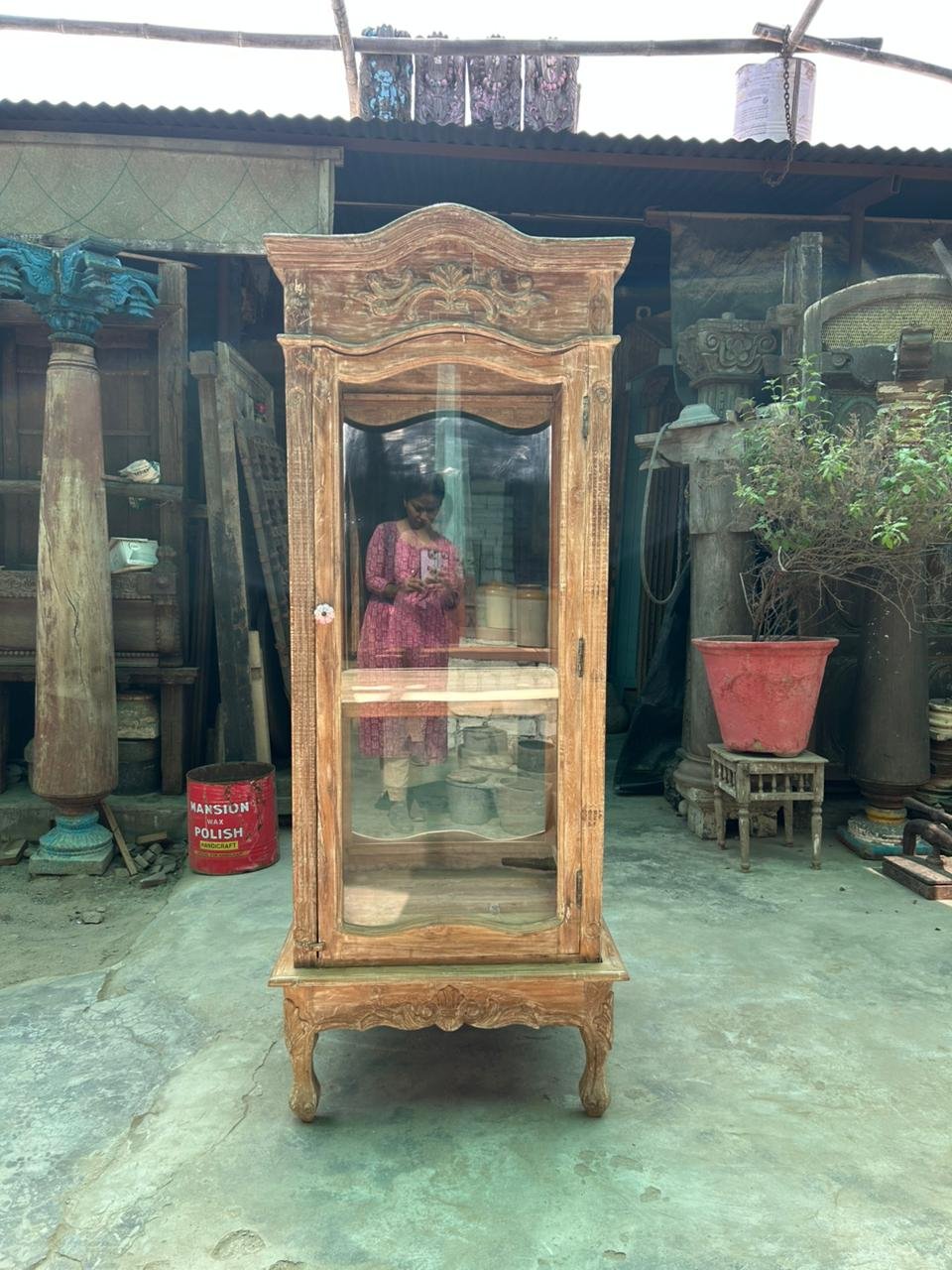 T-411 (1) Elegant Vintage Hand-Carved Wooden Display Cabinet | Architectural Glass Showcase - Image 1