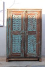 Vintage Distressed Teal Wooden Cabinet | Antique Carved Storage Almirah - Image 2