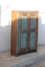 Vintage Distressed Teal Wooden Cabinet | Antique Carved Storage Almirah - Image 3