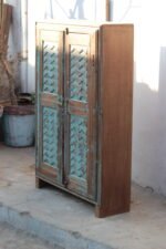 Vintage Distressed Teal Wooden Cabinet | Antique Carved Storage Almirah - Image 4