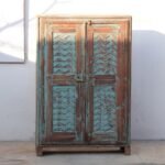 Vintage Distressed Teal Wooden Cabinet | Antique Carved Storage Almirah