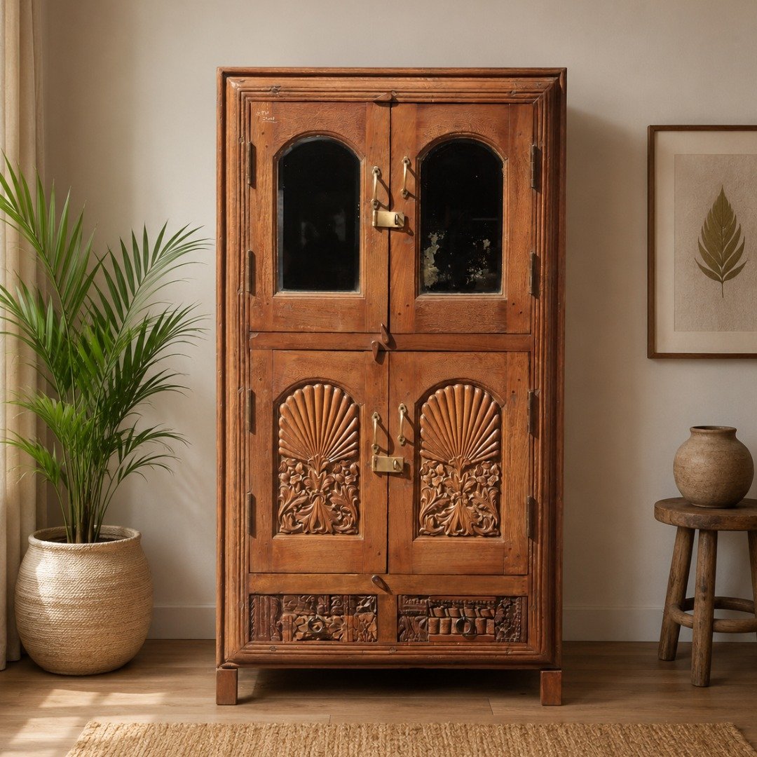 Untitled - September 18, 2024 at 12.24.31 (20) Your Home Vintage Hand-Carved Wooden Storage Cabinet with Glass Doors & 2 Drawers - Image 1