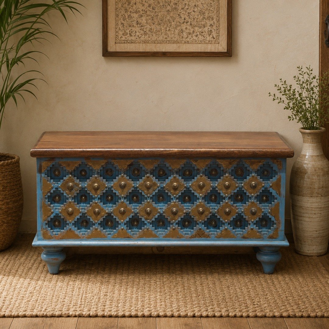 Untitled - September 18, 2024 at 12.24.31 (8) Your Home Wooden Storage Chest Handcrafted Blue Carved Design 3 ft Elegant Home Organization - Image 1