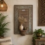 Exquisite Hand-Carved Rustic Wooden Wall Panel with Decorative Shelf | 22" Elegant Farmhouse Wall Décor