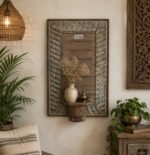 Exquisite Hand-Carved Rustic Wooden Wall Panel with Decorative Shelf | 22" Vintage Blue Patina Finish | Elegant Farmhouse Wall Décor