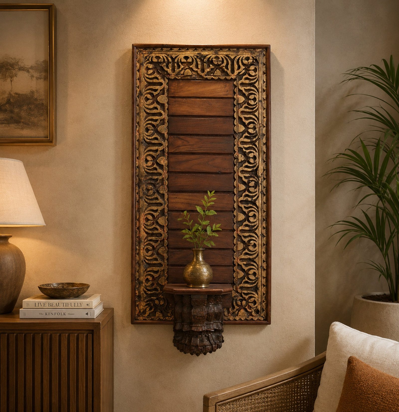 Untitled - August 06, 2026 at 12.59.05 (5) Exquisite Hand-Carved Wooden Wall Panel with Decorative Shelf | 2.6 ft Elegant Farmhouse Wall Décor - Image 1