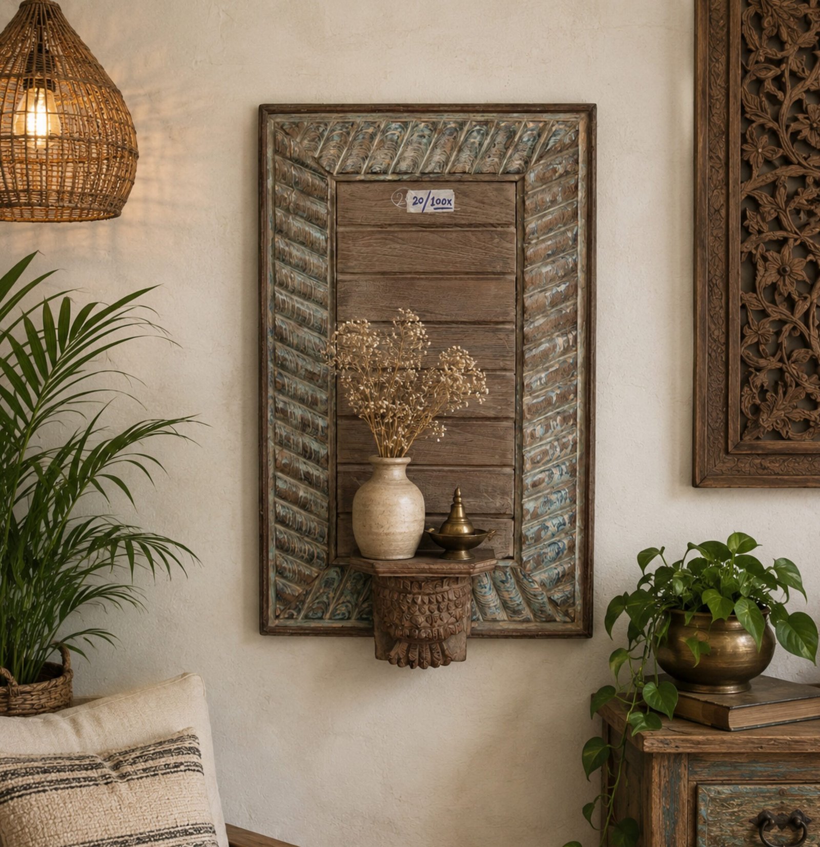 Untitled - August 06, 2026 at 12.59.05 Exquisite Hand-Carved Rustic Wooden Wall Panel with Decorative Shelf | 22" Vintage Blue Patina Finish | Elegant Farmhouse Wall Décor - Image 1