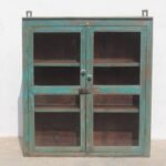 Exquisite Vintage Indian Wooden Glass Wall Cabinet – Rustic Distressed Teal Kitchen & Bathroom Display Cabinet
