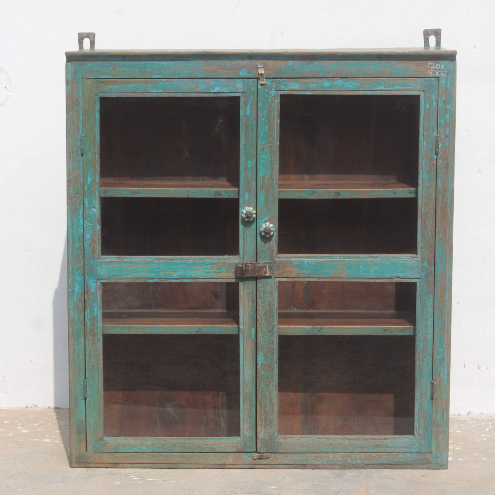 S-775 (1) Exquisite Vintage Indian Wooden Glass Wall Cabinet – Rustic Distressed Teal Kitchen & Bathroom Display Cabinet - Image 1
