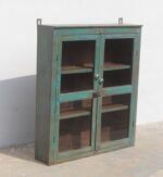 Exquisite Vintage Indian Wooden Glass Wall Cabinet – Rustic Distressed Teal Kitchen & Bathroom Display Cabinet - Image 2