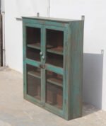 Exquisite Vintage Indian Wooden Glass Wall Cabinet – Rustic Distressed Teal Kitchen & Bathroom Display Cabinet - Image 3